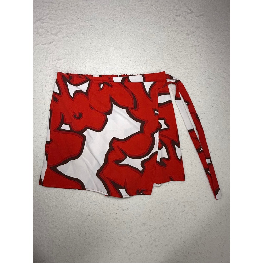 Nine West Womens Red White Abstract Floral Wrap Skort Size Medium Elastic Waist